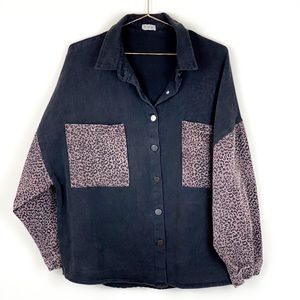 Black Denim Jacket with Cheetah Sleeves